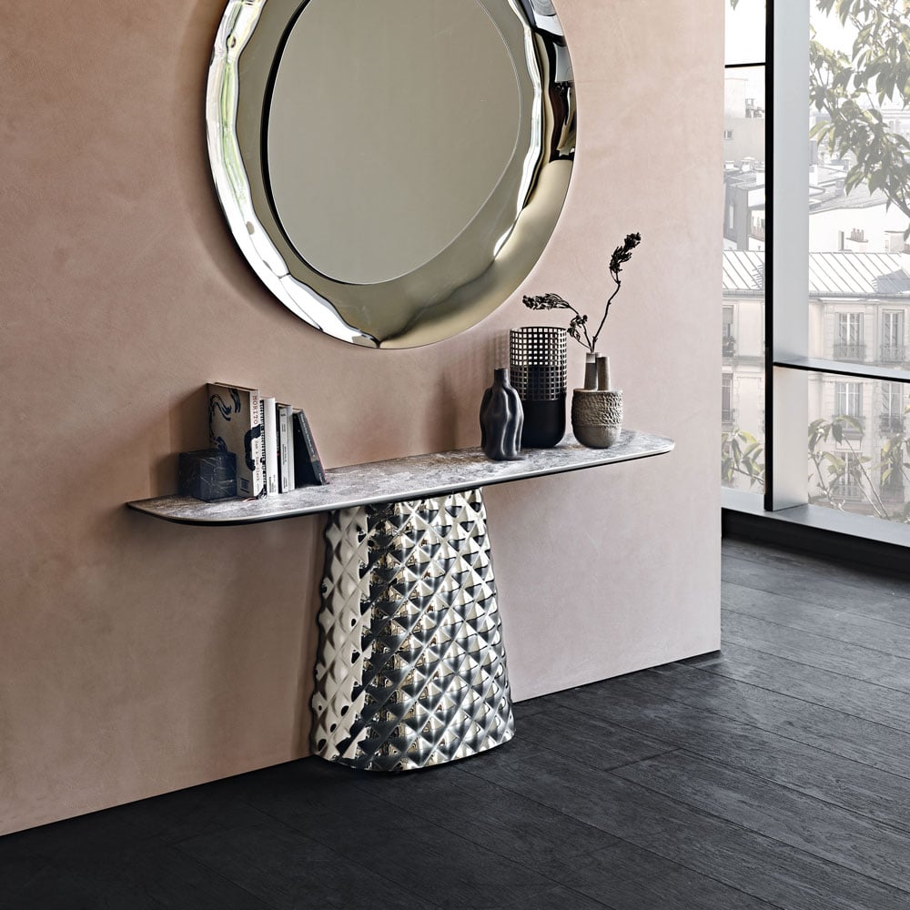 Atrium Keramik Console Table by Cattelan Italia - ceramic top console table with sculptural steel base for a quiet luxury hallway